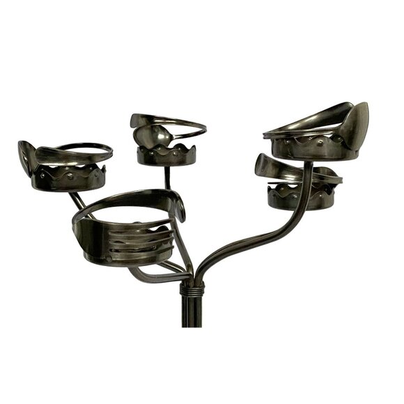 Candelabra Modernist Artsy Pewter Finish Spoon Fork Candle Holder Flatware Art - Picture 2 of 14